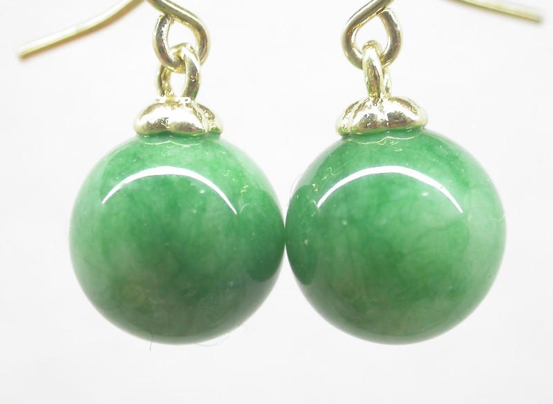 natural Dangle 10mm round green pink blue Multicolor jade earring 14K solid gold hook c1581
