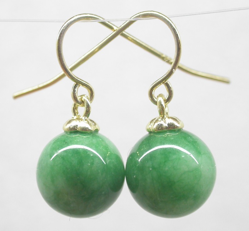 natural Dangle 10mm round green pink blue Multicolor jade earring 14K solid gold hook c1581