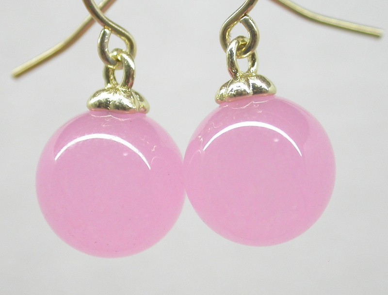 natural Dangle 10mm round green pink blue Multicolor jade earring 14K solid gold hook c1581