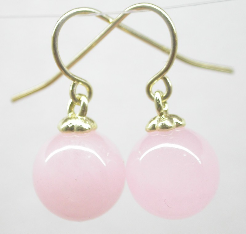 natural Dangle 10mm round green pink blue Multicolor jade earring 14K solid gold hook c1581