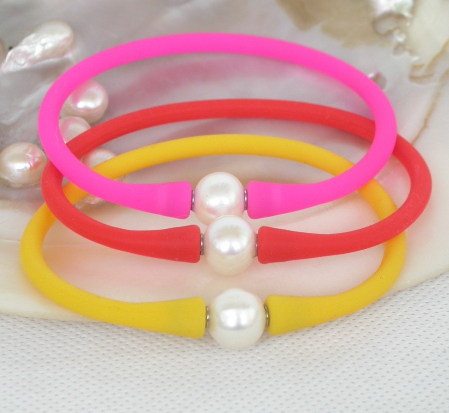 natural 3pcs 7" 11mm rubbery springy round white pearls Silicone rubber Bracelet