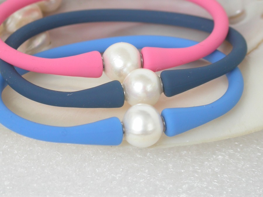 3pcs rubbery springy white pearls pink Blue light blue Silicone rubber Bracelet