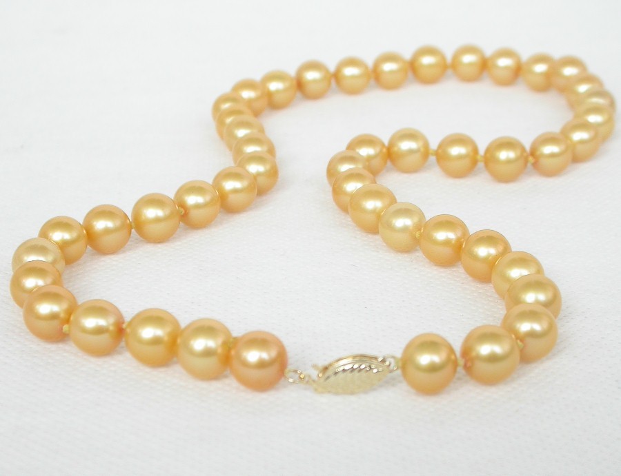 AAAA natural 18" 8.5mm round yellow golden south sea pearl necklace 14KT clasp