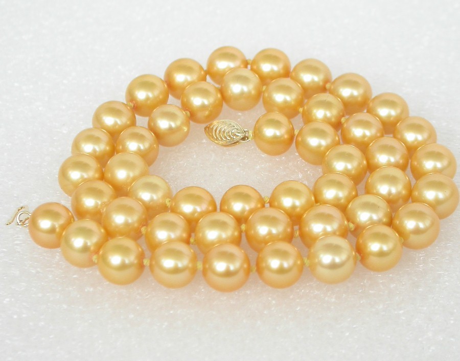 AAAA natural 18" 8.5mm round yellow golden south sea pearl necklace 14KT clasp
