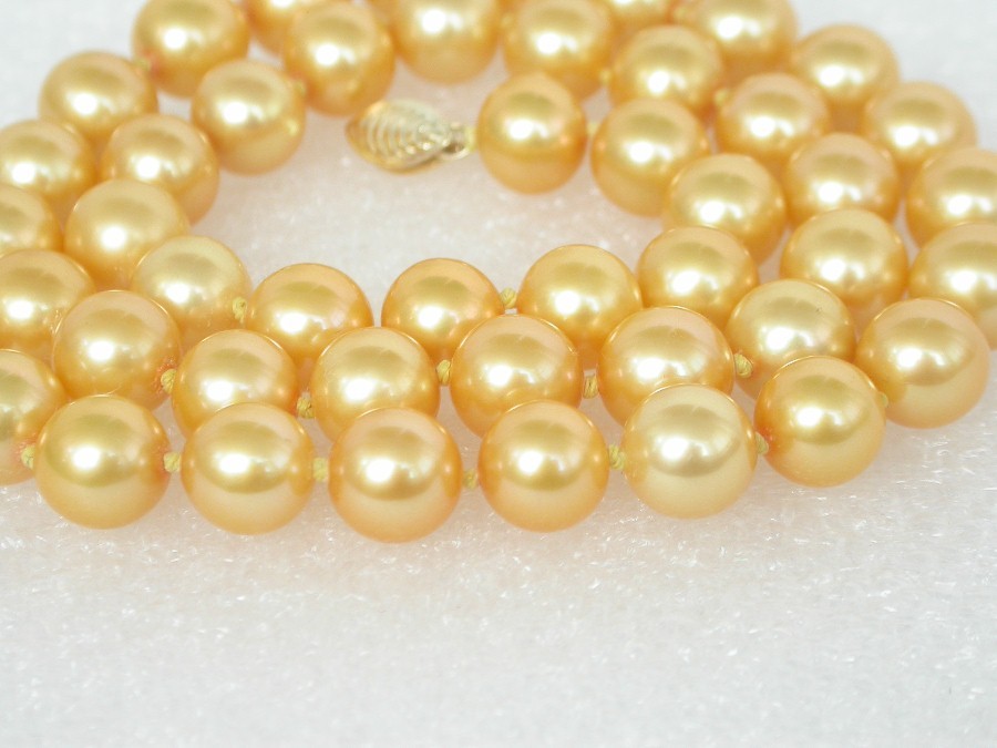 AAAA natural 18" 8.5mm round yellow golden south sea pearl necklace 14KT clasp