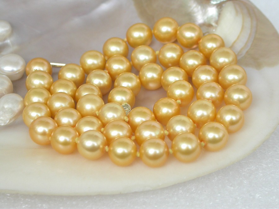 AAAA natural 18" 8.5mm round yellow golden south sea pearl necklace 14KT clasp