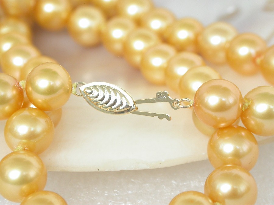 AAAA natural 18" 8.5mm round yellow golden south sea pearl necklace 14KT clasp