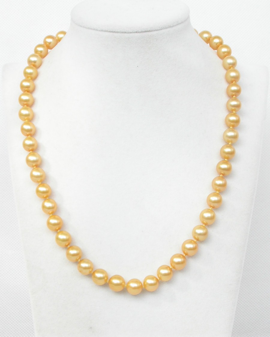 AAAA natural 18" 8.5mm round yellow golden south sea pearl necklace 14KT clasp
