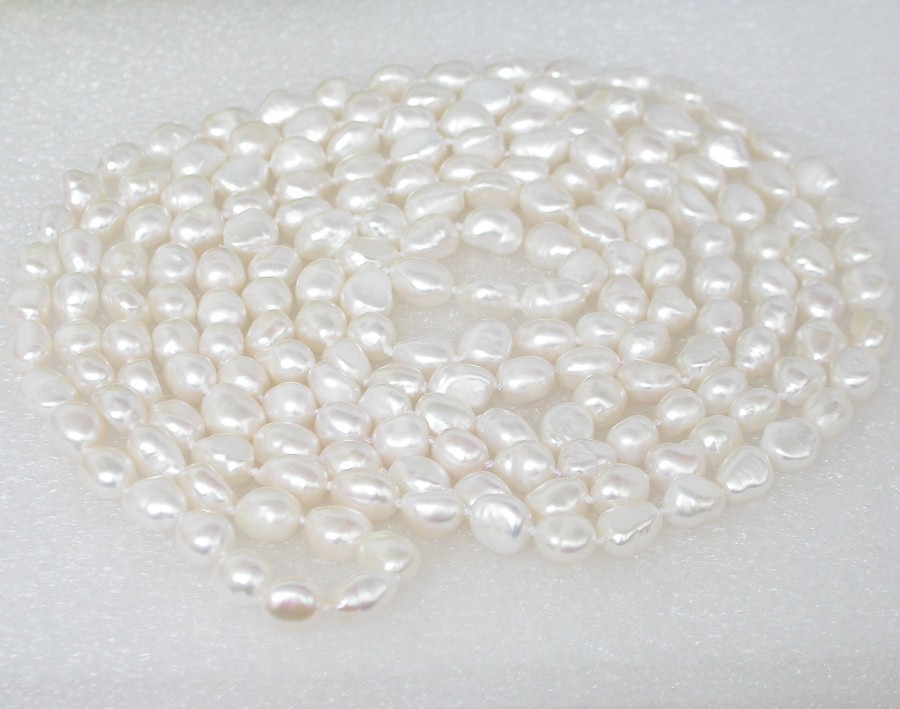 natural luster 64" 8-9mm Baroque white freshwater pearl beads necklace c1881