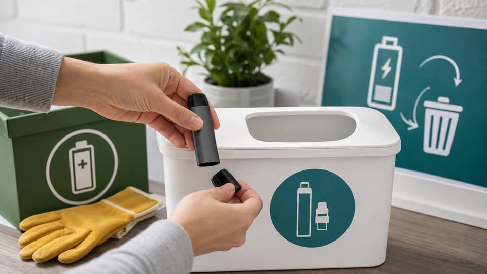 Adult placing used vape devices into a responsible disposal container