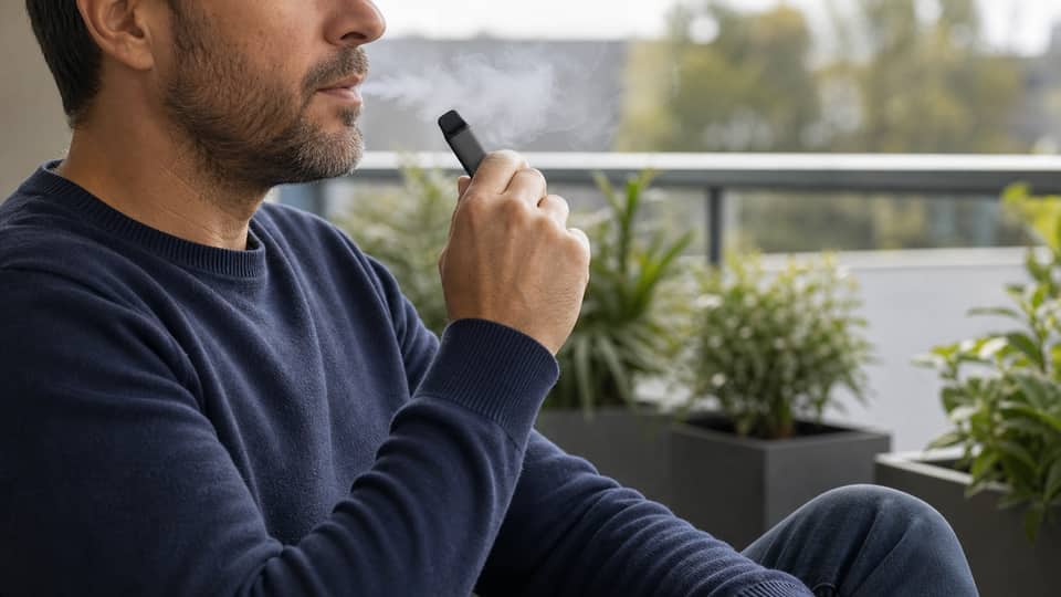 Adult using an unbranded vape on a quiet patio