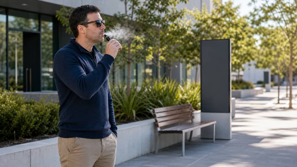 Adult using an unbranded vape outdoors in a quiet open area