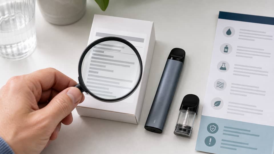 Adult inspecting an unbranded vape package with a magnifying glass and vape device nearby