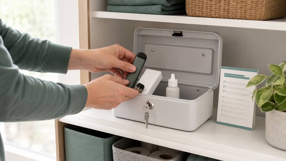 Adult placing unbranded vape device and pod into a lockable storage box
