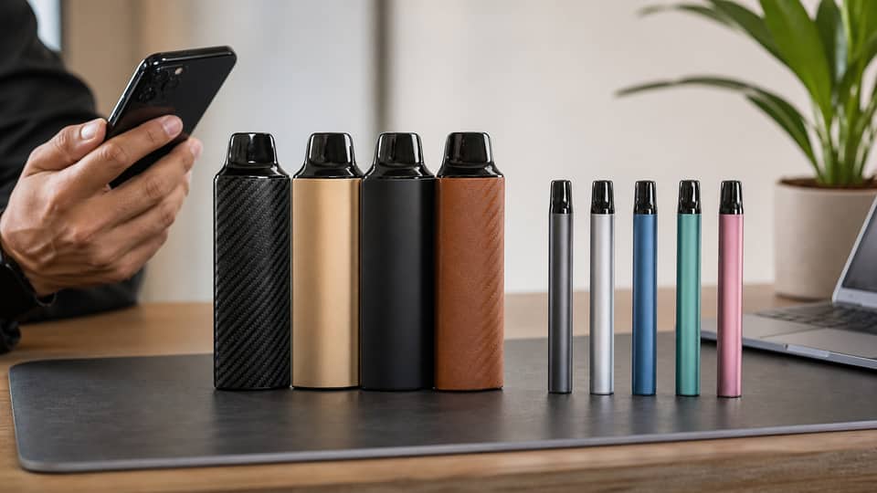 Side by side comparison of larger disposable vapes and slim everyday vape devices