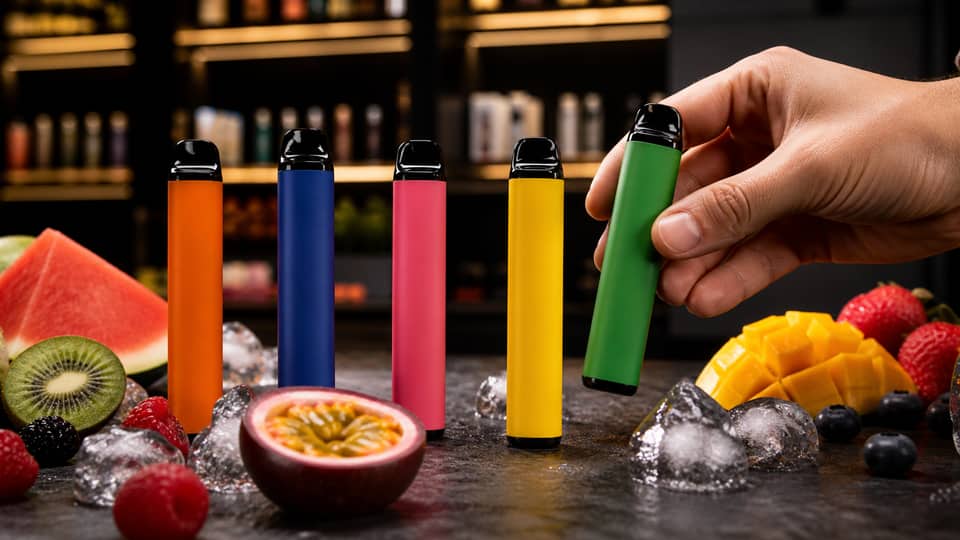 Bold unbranded disposable vape devices with fruit and ice flavour cues