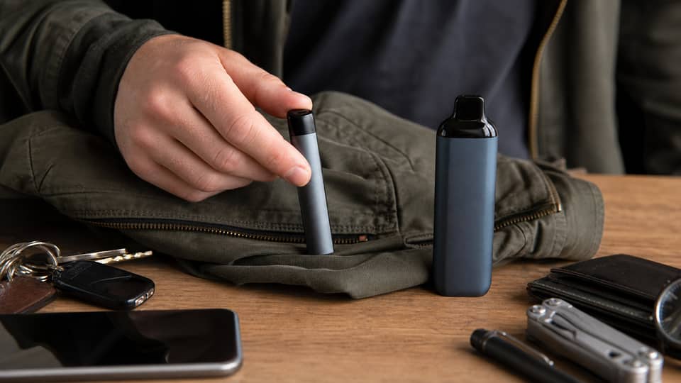 Adult comparing large disposable vape and slim vape device for pocket carry