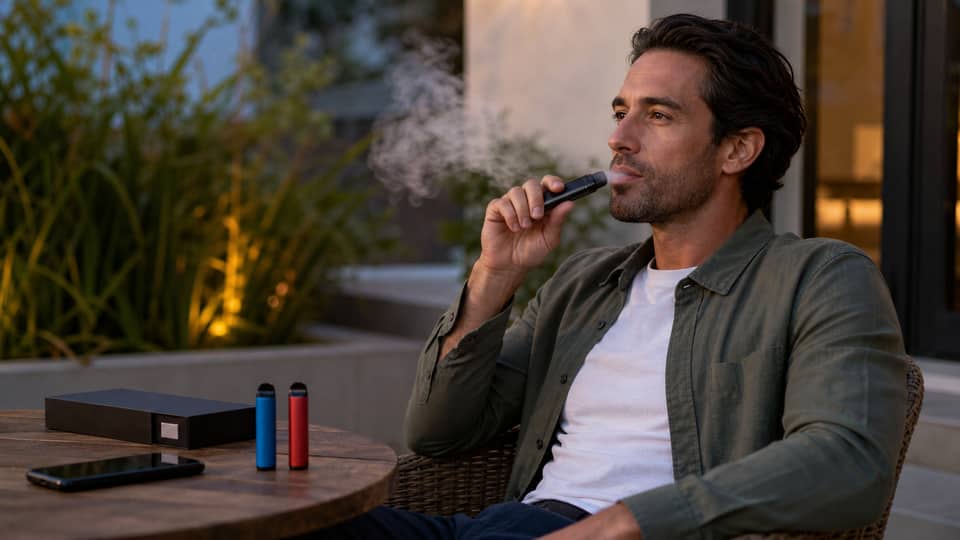 Adult using an unbranded disposable vape after comparing product options online