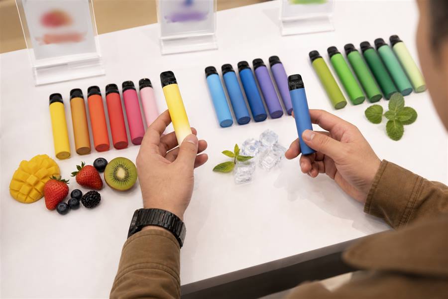 adult shopper comparing fruit ice and mint disposable vape flavours