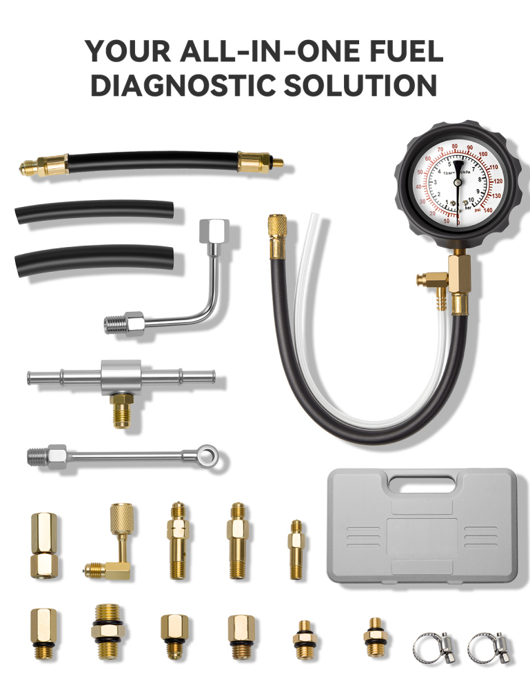 AUTOWN Fuel Pressure Tester Kit 0-140PSI with Adapters for Cars, Trucks, ATVs, Fuel Pump Injector, Fuel Pressure Gauge Diagnostic Tool