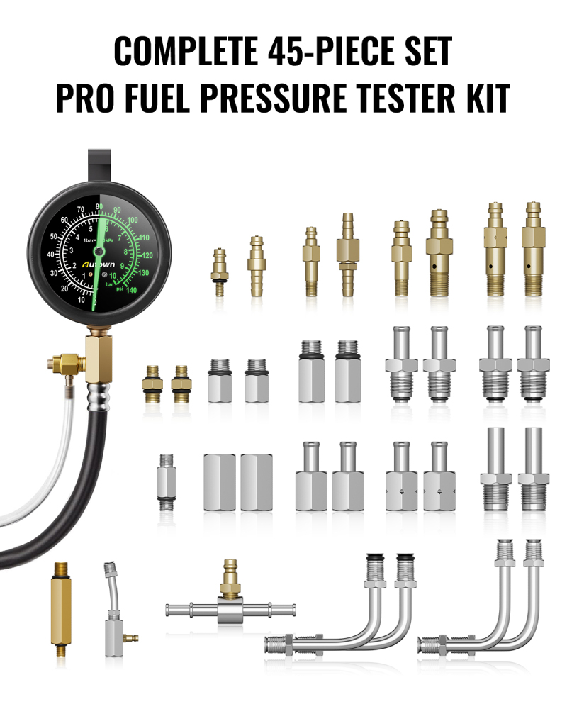 AUTOWN 45-Piece Pro Fuel Pressure Tester Kit, 0-140 PSI Fluorescent Glow Gauge, Complete Adapters for Gasoline Cars, Trucks & SUVs