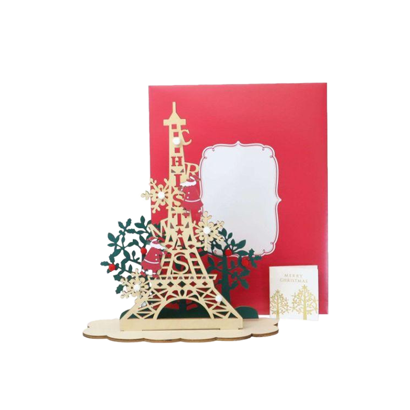 APJ Christmas Paris Eiffel Tower 3D Wooden Greeting Card Set 1 Set