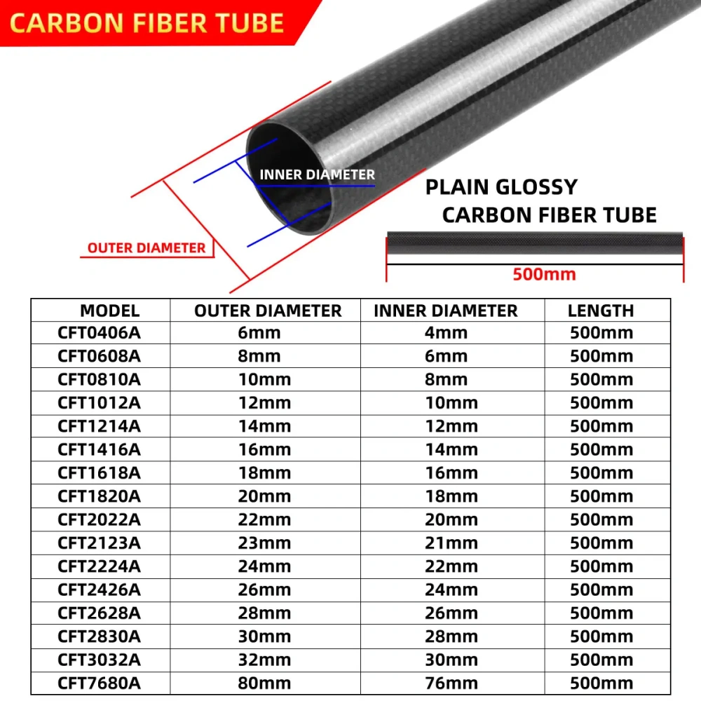 3K Gloss Black Carbon Fiber Tube 500mm Multi-Size Round Rods High-Strength for RC Models & DIY Projects