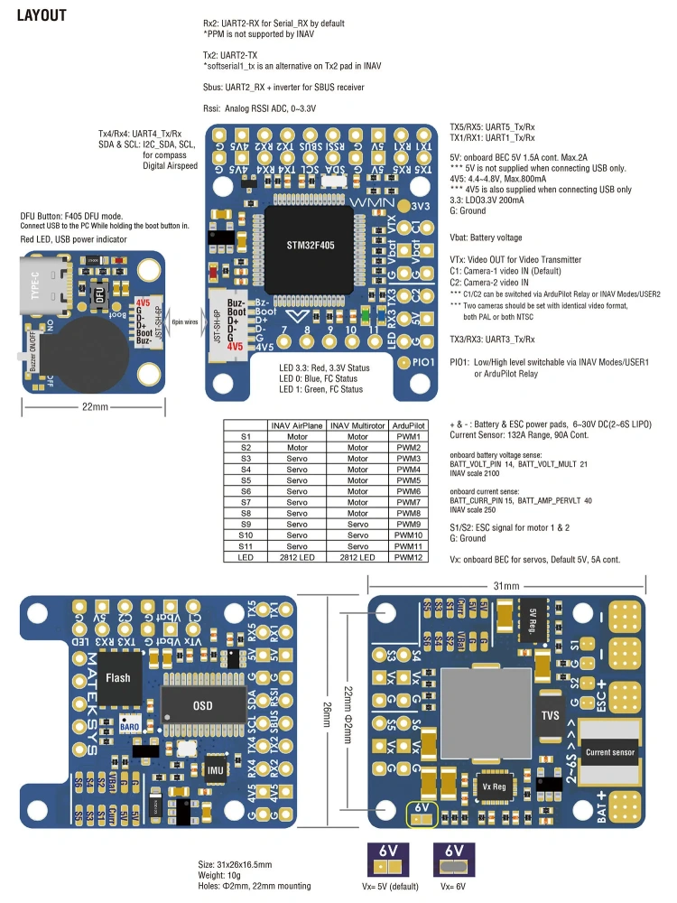 MATEK F405-WMN Flight Controller - for ArduPilot & INAV, with Blackbox & OSD, 2-6S Power for Fixed Wing & FPV Drone