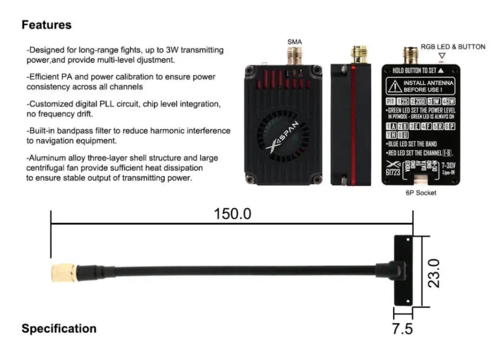 RUSHFPV 6.1-7.2GHz 3W Super Wideband VTX - Long Range FPV Video Transmitter & Receiver Kit for Fixed Wing & Drone