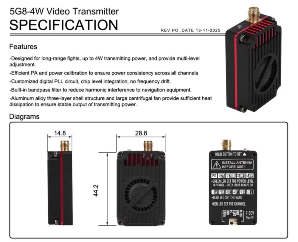RUSHFPV 5.8GHz 4W Max Power VTX Kit with Cherry II Antenna - Ultimate High Power FPV System for Long Range & Racing