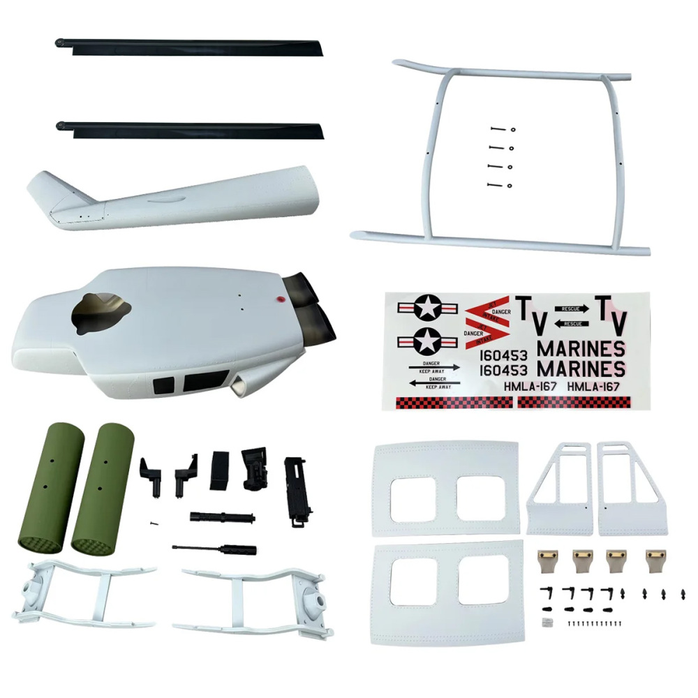 Roban 800 Size UH1N Fuselage Spare Parts - Nose Cover Window Tail Landing Gear Wood Spacers Replacement
