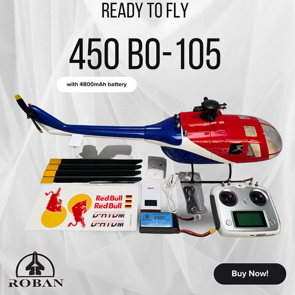 ROBAN 450 Size BO105 Red Bull Scale Helicopter RTF - GPS Auto Return & Altitude Hold - Ready to Fly with Navigation Lights
