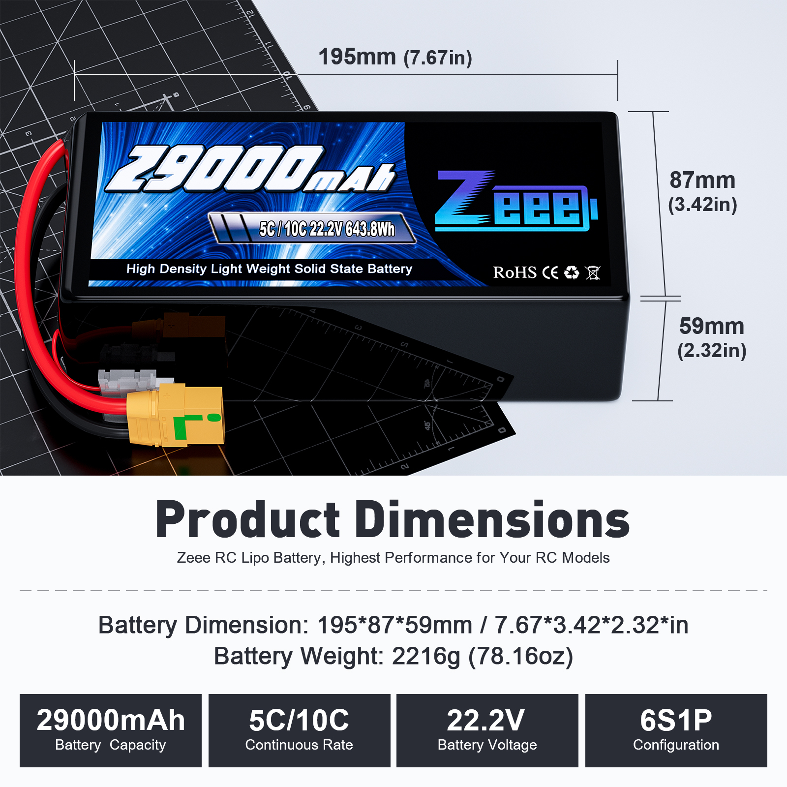 ZEEE 6s/12s Fpv Lipo Battery 12000/16000/23000/26000/29000/32500/35000mAh Semi Solid State 22.2v Lipo Battery for Fpv Drone
