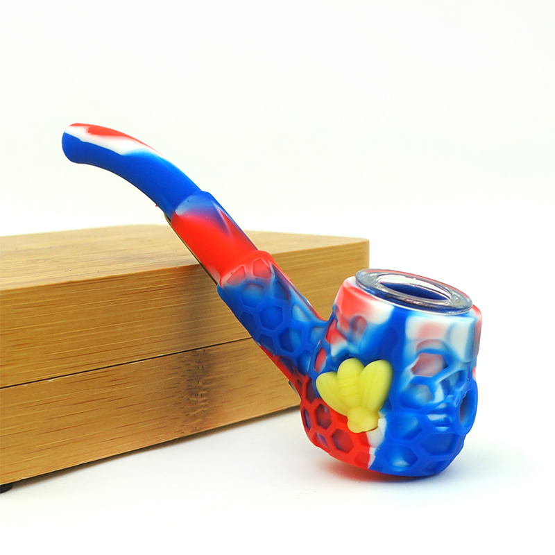 Honeycomb Bee Silicone Hand Pipe - with 9 Hole Glass Bowl
