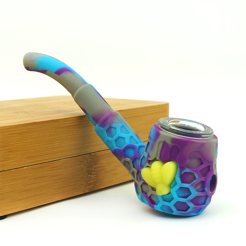 Honeycomb Bee Silicone Hand Pipe - with 9 Hole Glass Bowl