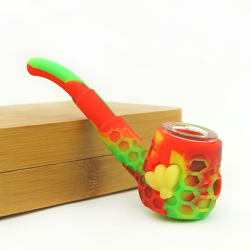 Honeycomb Bee Silicone Hand Pipe - with 9 Hole Glass Bowl