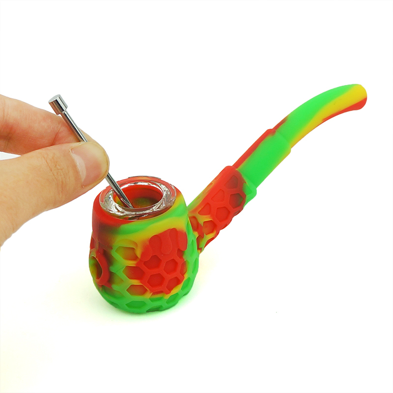 Honeycomb Bee Silicone Hand Pipe - with 9 Hole Glass Bowl