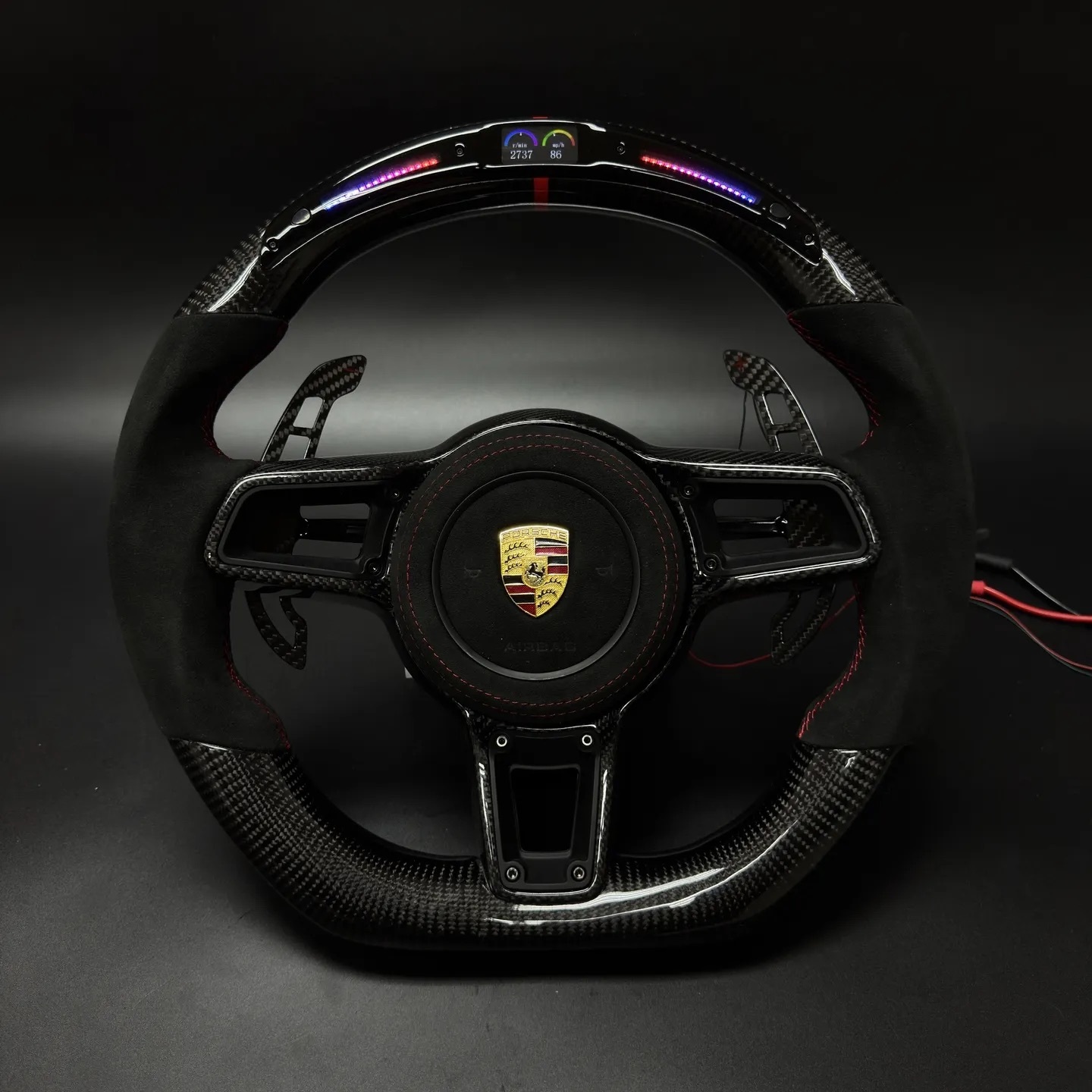 As shown carbon fiber and LED steering wheels for Porsche 996 997 986 987 981 9PA 955 92A 957 970 971 911 Boxster Cayman 718 Cayenne Panamera