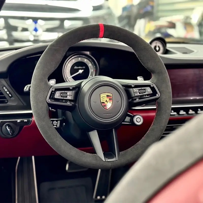 Customized Alcantara steering wheel without airbag suitable for Porsche Panamera, Cayenne, Macan, 718, Cayman, Boxster and 911 models.