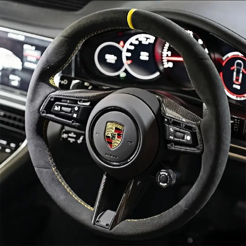 Customized Alcantara steering wheel without airbag suitable for Porsche Panamera, Cayenne, Macan, 718, Cayman, Boxster and 911 models.
