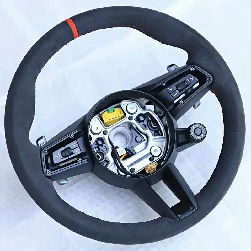 Customized Alcantara steering wheel without airbag suitable for Porsche Panamera, Cayenne, Macan, 718, Cayman, Boxster and 911 models.