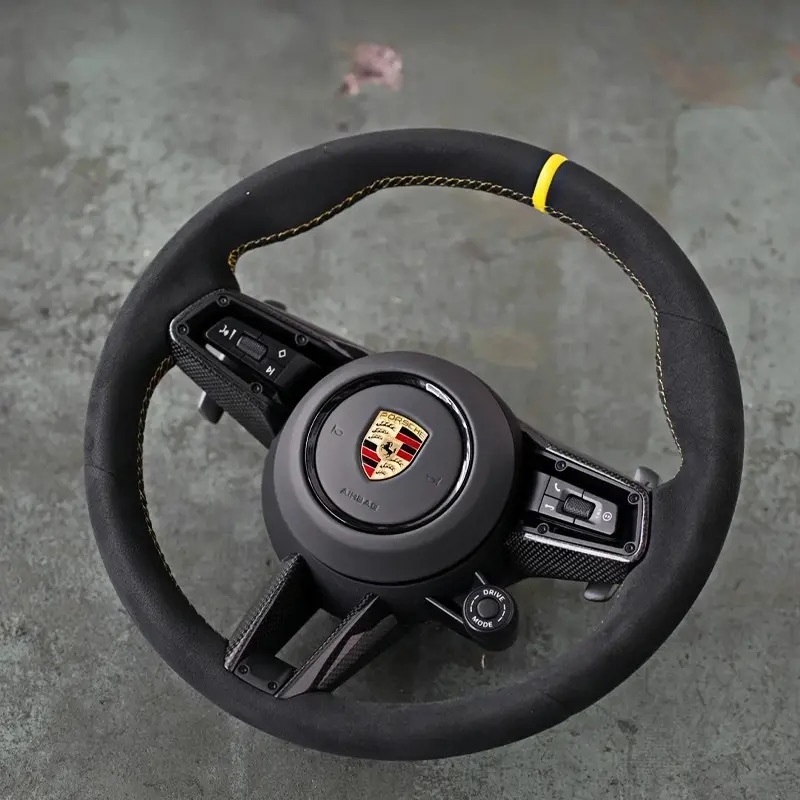 Customized Alcantara steering wheel without airbag suitable for Porsche Panamera, Cayenne, Macan, 718, Cayman, Boxster and 911 models.