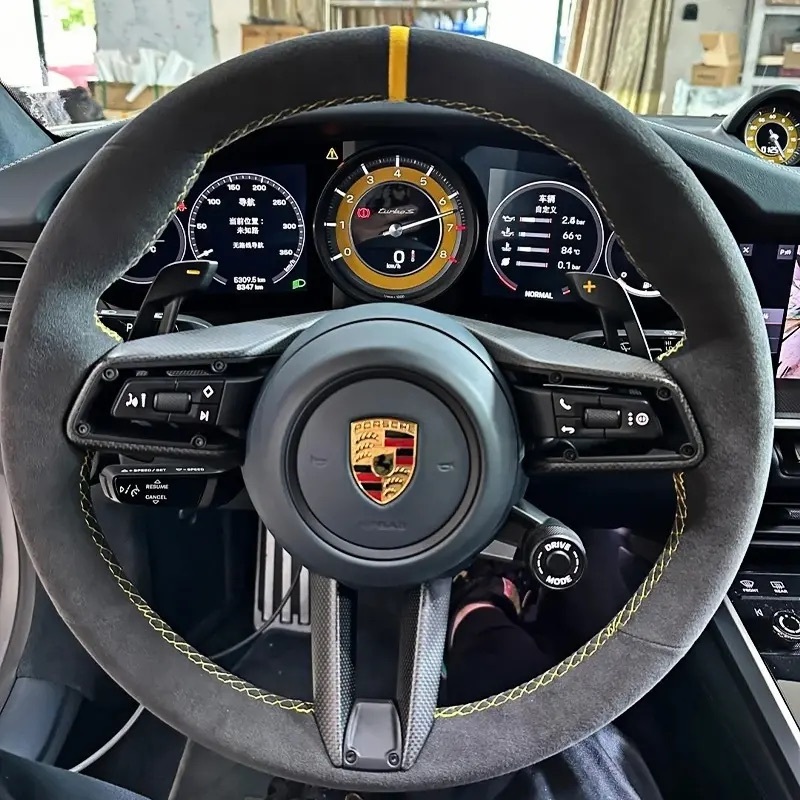 Customized Alcantara steering wheel without airbag suitable for Porsche Panamera, Cayenne, Macan, 718, Cayman, Boxster and 911 models.