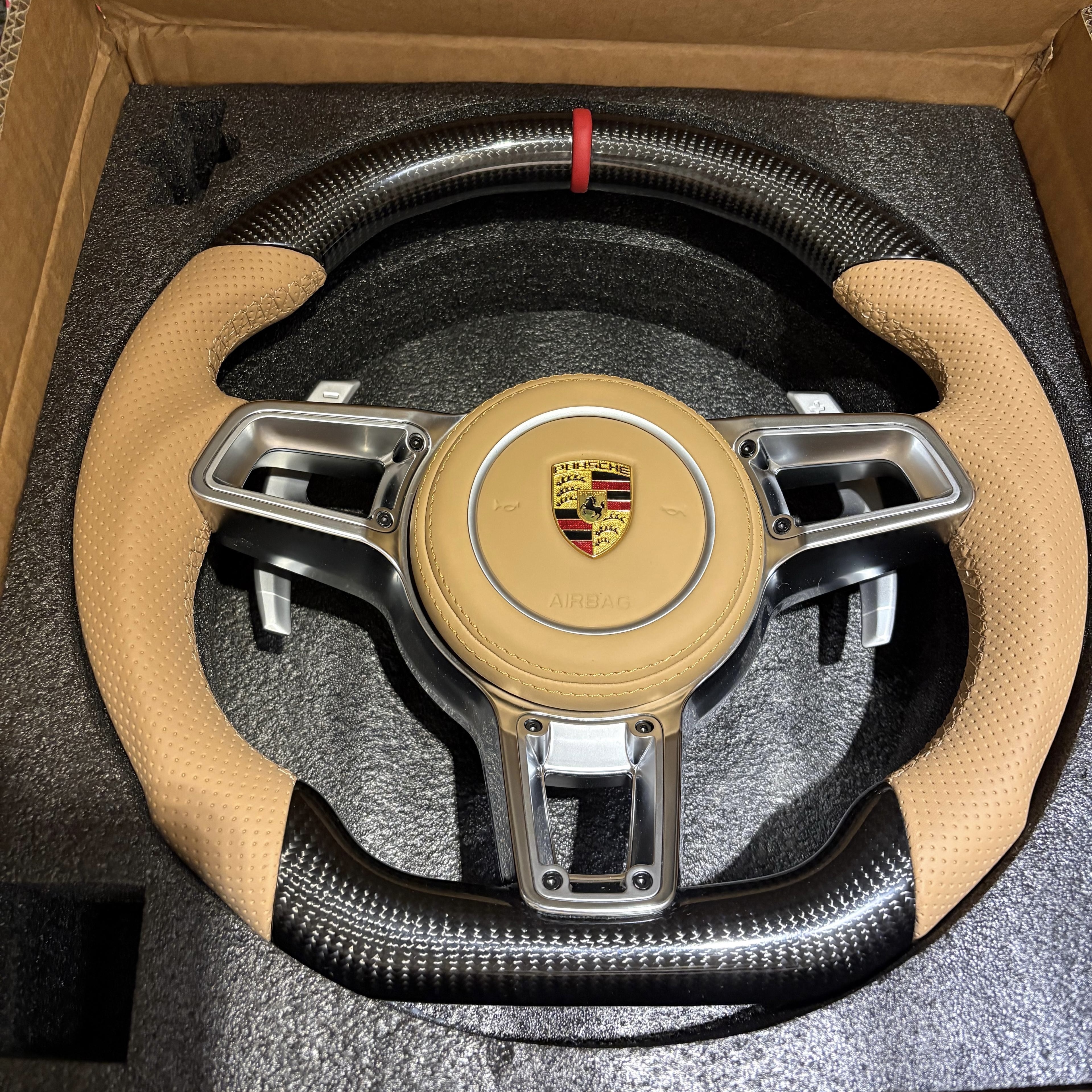 Customized Alcantara steering wheel without airbag suitable for Porsche Panamera, Cayenne, Macan, 718, Cayman, Boxster and 911 models.