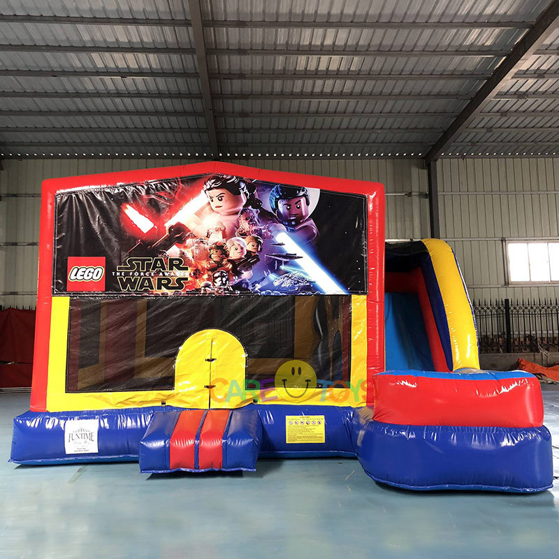 Moon bounce house slide combo with banner