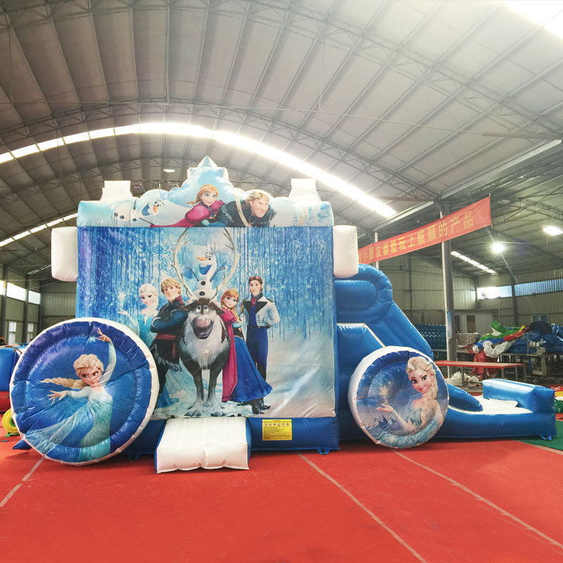 Blue Frozen Princess Carriage bounce house with slide
