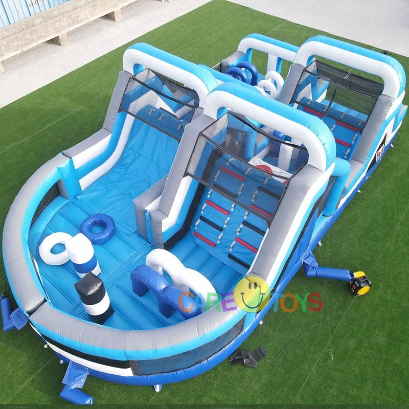 White blue U-Turn inflatable kids fun run obstacle course
