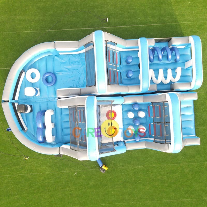 White blue U-Turn inflatable kids fun run obstacle course