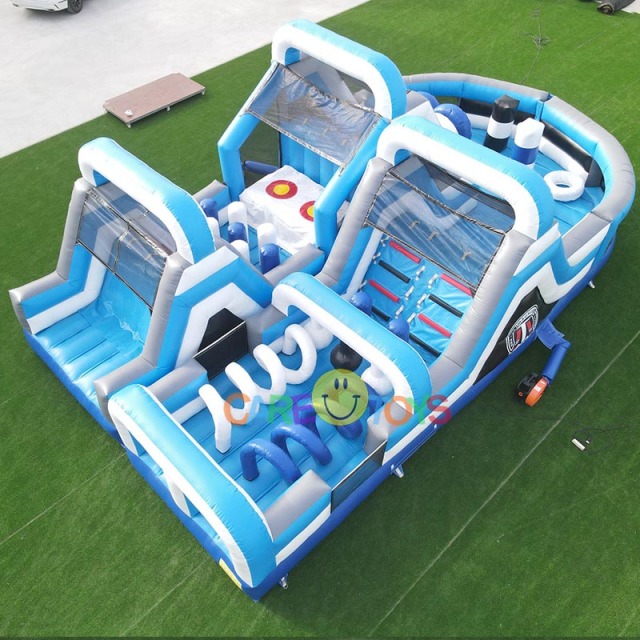 White blue U-Turn inflatable kids fun run obstacle course