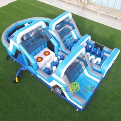 White blue U-Turn inflatable kids fun run obstacle course